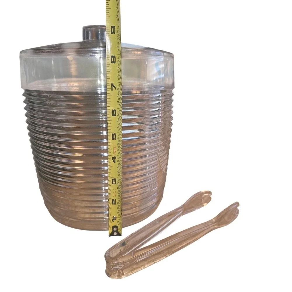 Vintage 1980s Spotlights Clear Ribbed Acrylic Ice Bucket with Lid and‎ Tongs USA